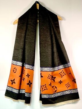 Fashion Scarf Wide Monogram Clover Flower Scarf Orange Black Designer inspired
